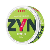 ZYN Citrus Slim 11mg nicotine pouches featuring vibrant green packaging with a bold "NEW" label and a strength level of 4 out of 4 dots. Offers a refreshing and zesty citrus flavour for an invigorating and satisfying nicotine experience.